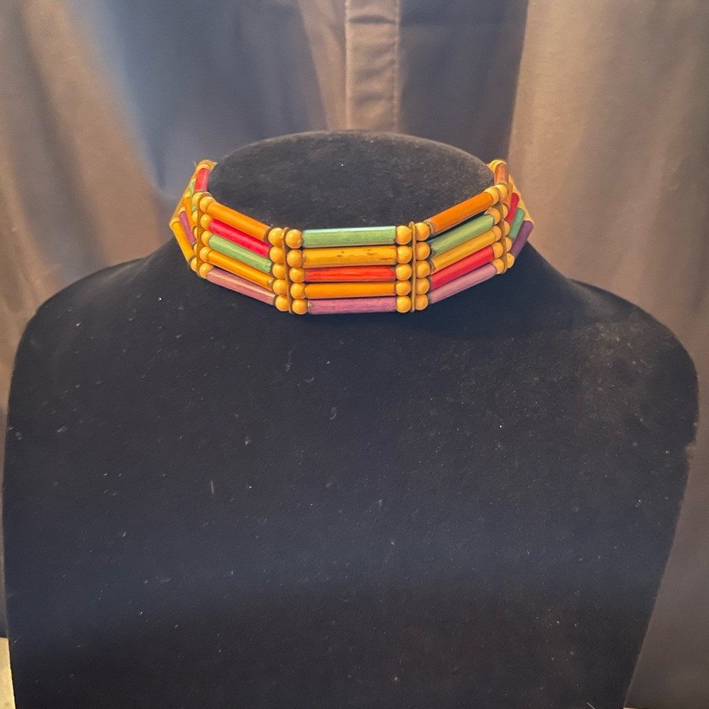 Multi Coloured Tribal Wood Beaded Choker Necklace